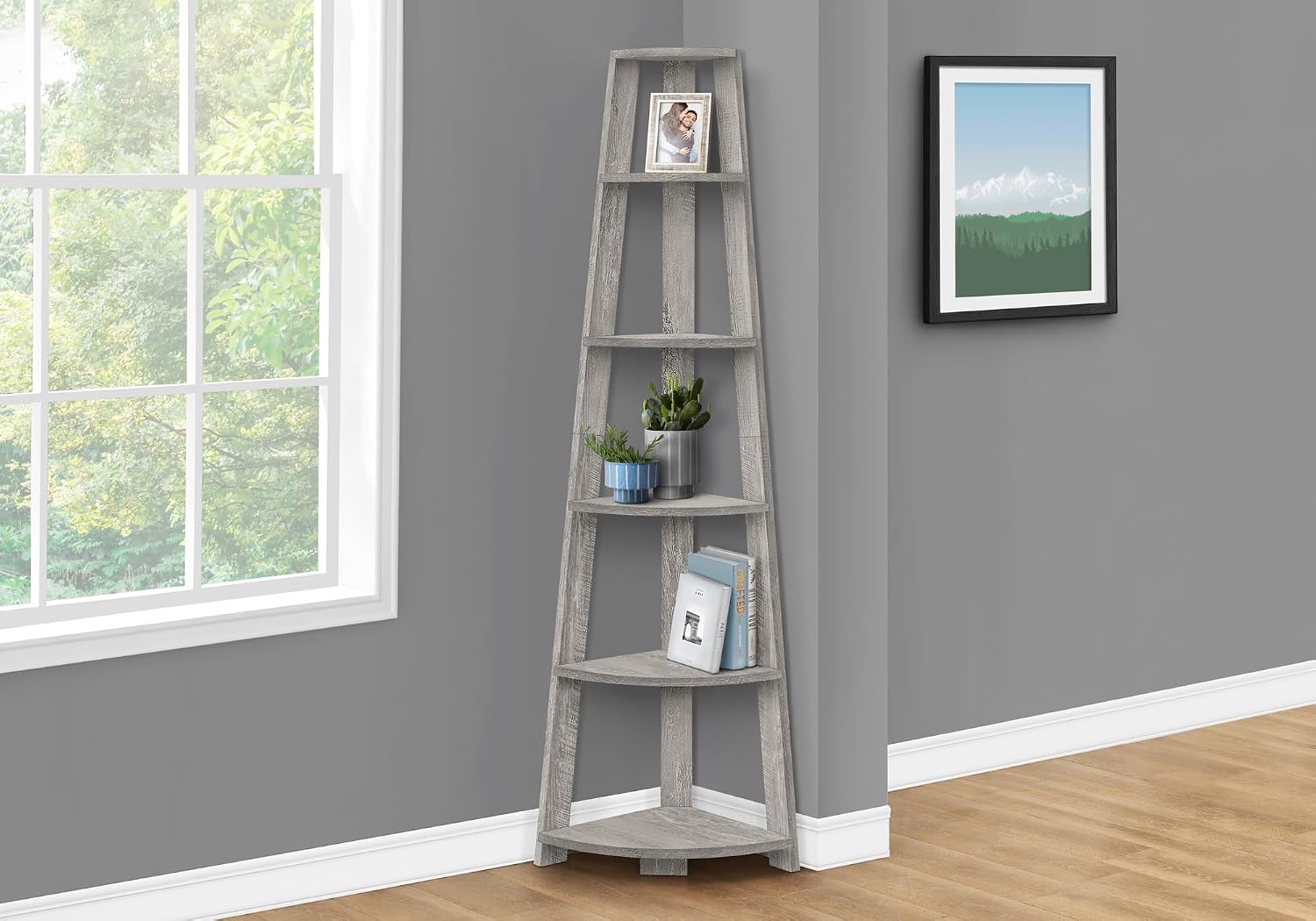 Bookshelf, Bookcase, Etagere, Corner, 5 Tier, 72' h, Office, Bedroom, Grey Laminate, Contemporary, Modern