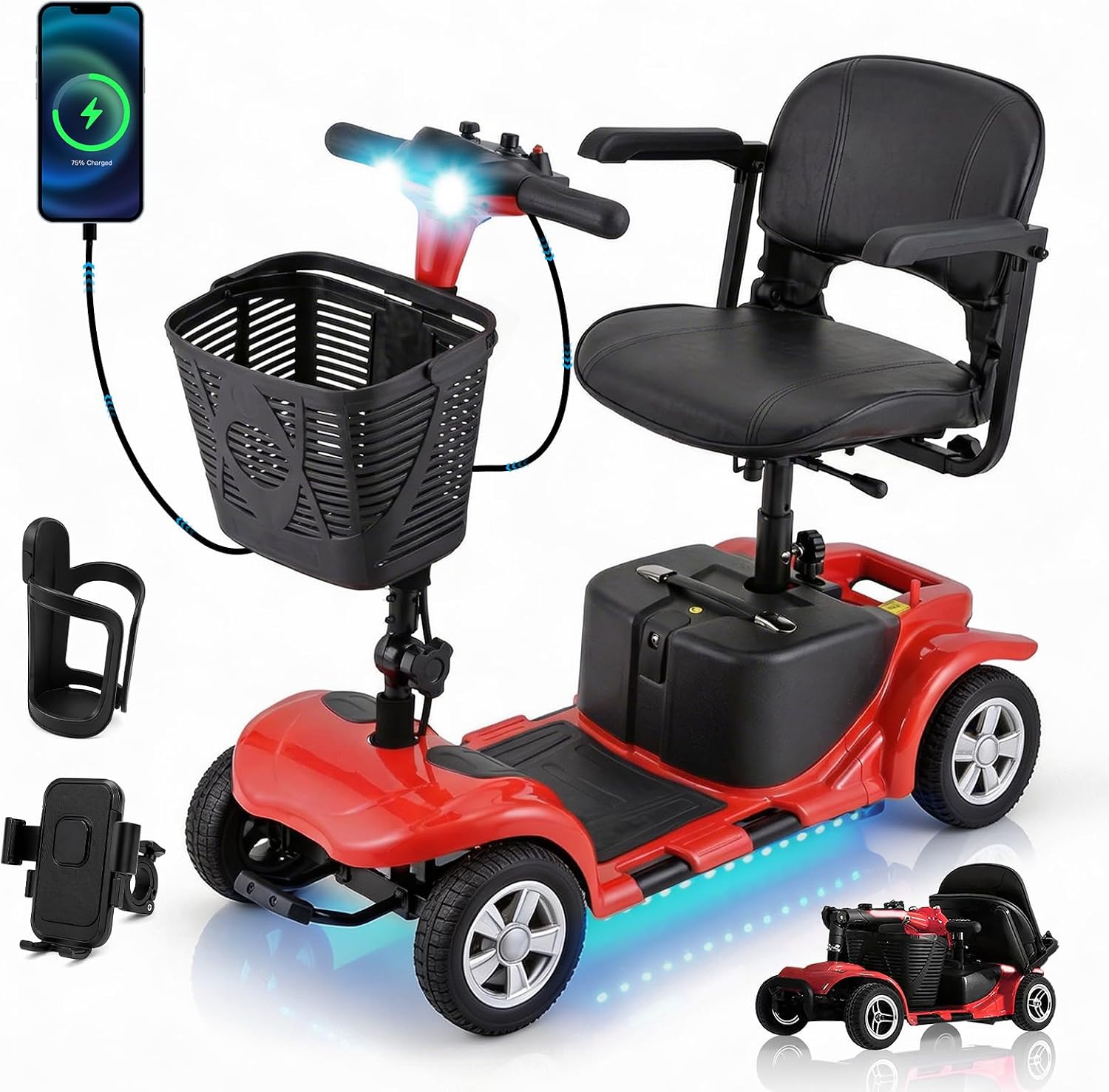 SUNDERWELL Mobility Scooters for Seniors & Adults, Compact Foldable Mobility Scooter with Tool-Free Disassembly, 15 Miles Range Electric Powered Mobility Scooters with 300 lb Capacity & USB Port (Red)