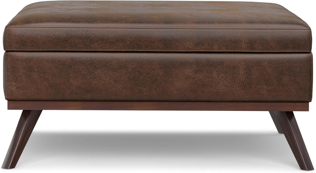 SIMPLIHOME Owen XL Square Coffee Table Storage Ottoman - 40 inch Wide Upholstered Vegan Leather Lift-Top Ottoman in Distressed Chestnut Brown, Mid-Century Modern Ottoman for Living Room with Storage