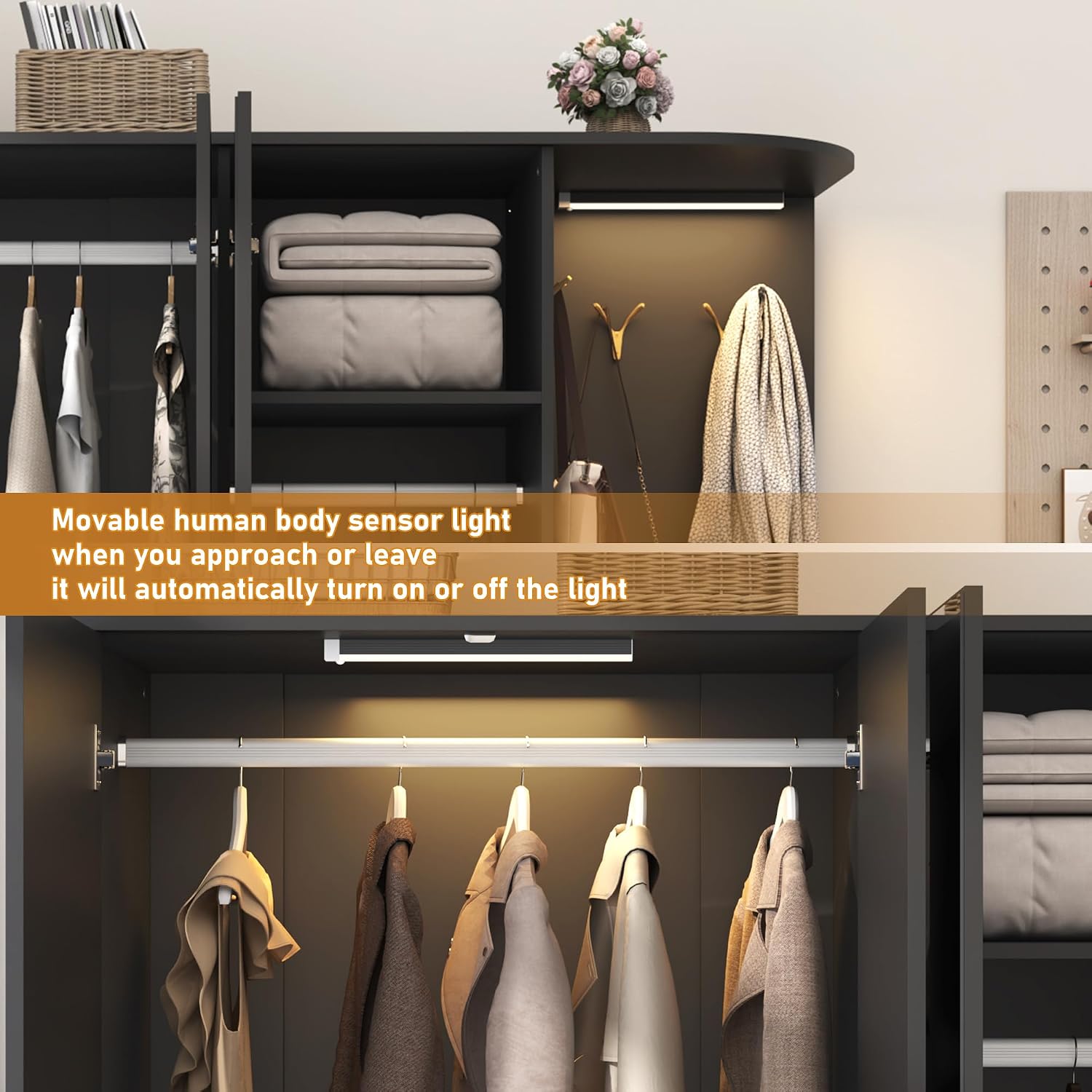 XVD Armoire Wardrobe Closet with Mirror & Sensor Light, Bedroom Armoire with 5 Doors & 2 Drawers, Modern Wooden Large Wardrobe Closet with Shelves, 4 Metal Hooks, 2 Hanging Roods, Open Space, Black