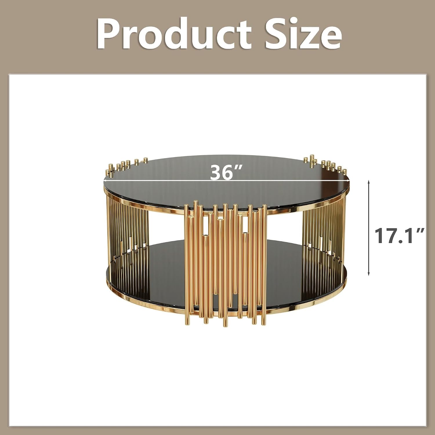 Luxury Round Glass Coffee Table 36', Modern 2-Tier Center Table with Gold Stainless Steel Irregular Legs, Cocktail Table for Living Room, Black and Gold