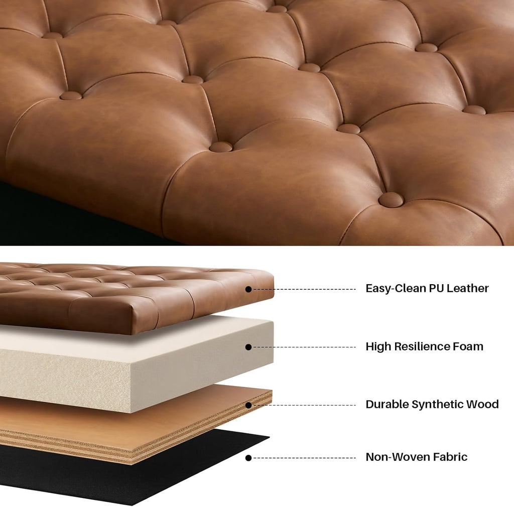 Square Storage Ottoman Coffee Table Tufted Upholstered Large Ottoman with Storage with Rolling Wheels Oversized Footrest Ottomans for Living Room, Brown Faux Leather
