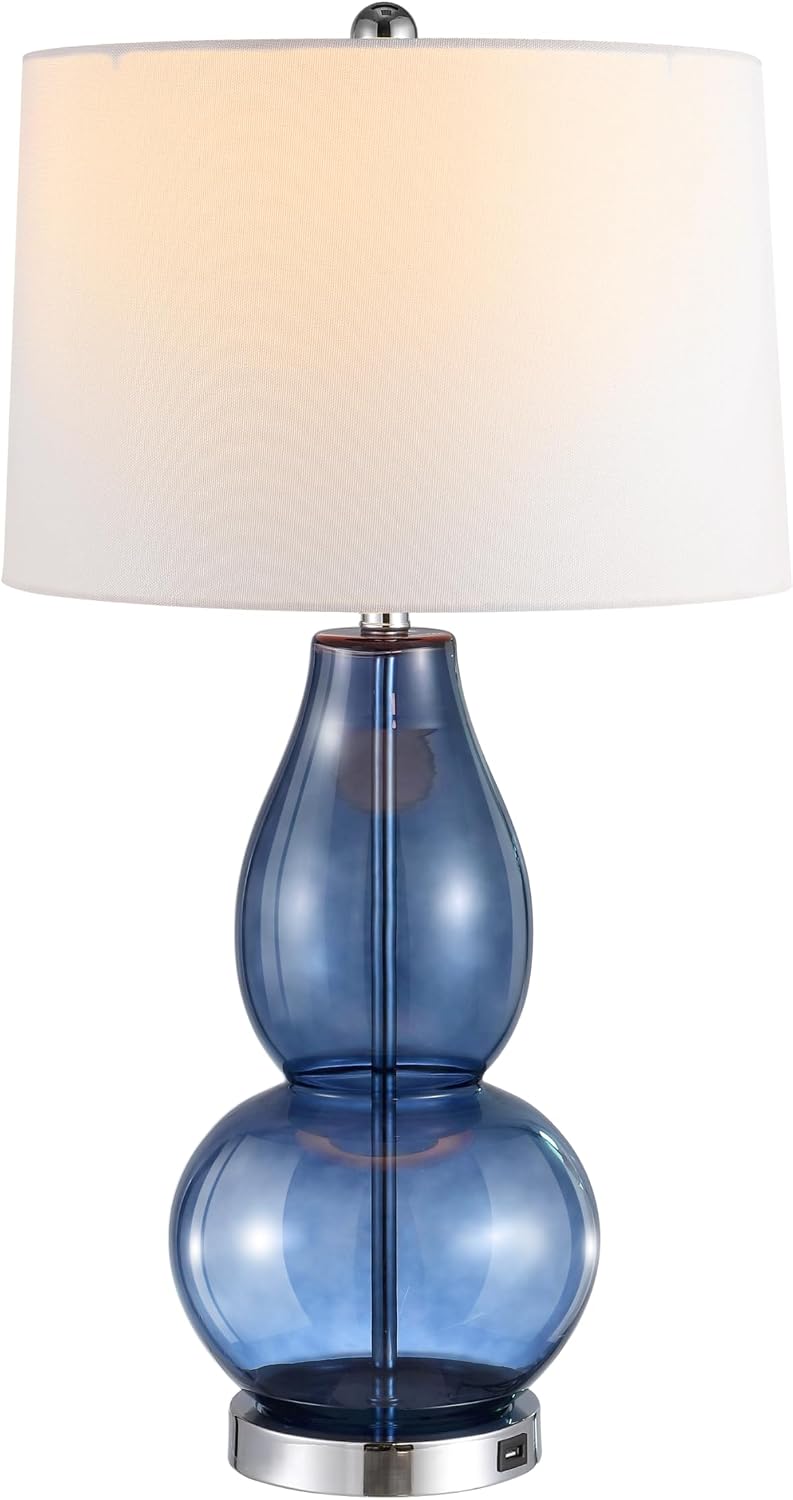 SAFAVIEH Lighting Collection Mercurio Blue Glass Double Gourd 28-inch Table Lamp Set of 2 with USB Charging Port (LED Bulbs Included)