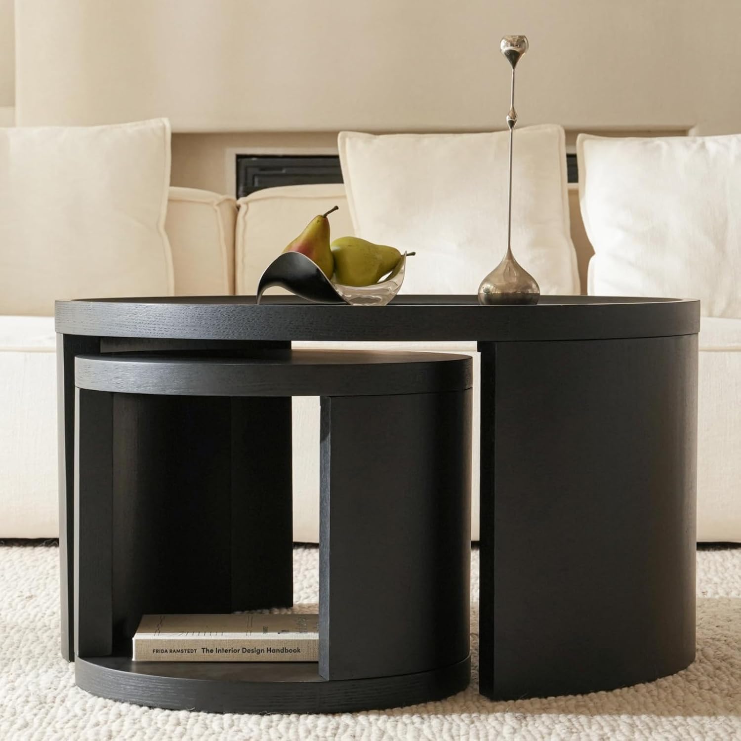 Round Nesting Coffee Table Set of 2, Black Coffee Table, 31.5' Large & 18' Small Low Tables with Wood Top, Center Table for Living Room, Bedroom, Minimalist Center Table Set