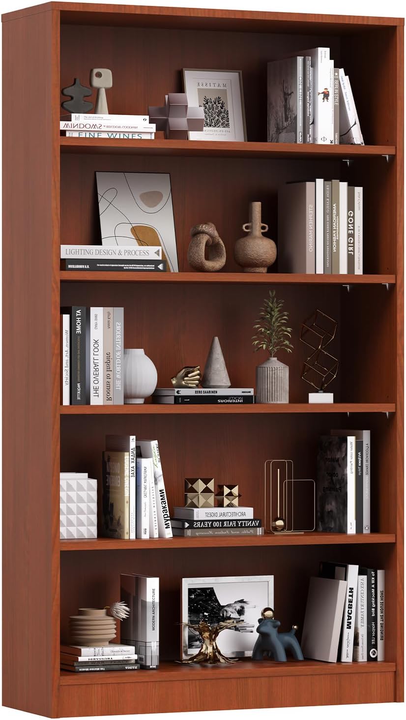Farini 60 Inch Tall 5-Shelf Bookcase, Wood Bookshelf Storage Organizer Adjustable Shelf for Home Office, Study Room, Easy Assembly,Cherry