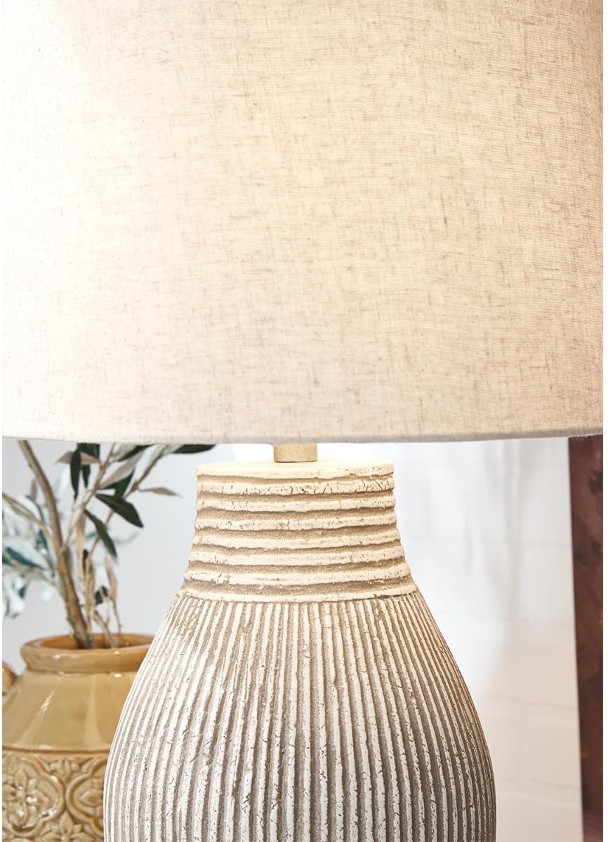 Signature Design by Ashley Layal Modern Table Lamp, Textured Paper Composite Base, Modified Drum Shade, 3-Way Switch Lighting for Living Room or Bedroom, 16 Inch Diameter, Beige