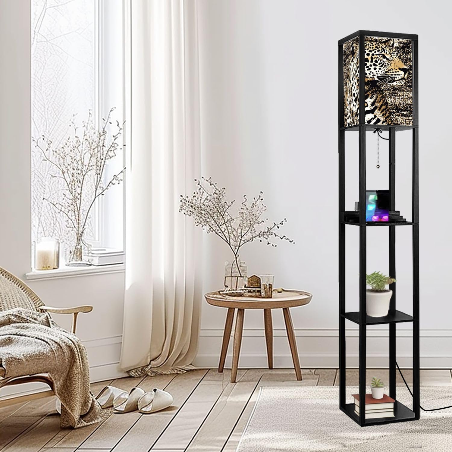 Floor Lamp with Shelves Modern Leopard Animal Zebra Print Leopard Standing Tall Lamp USB Ports & Power Outlet Modern Corner Lamp Nightstand Light for Living Room Bedroom