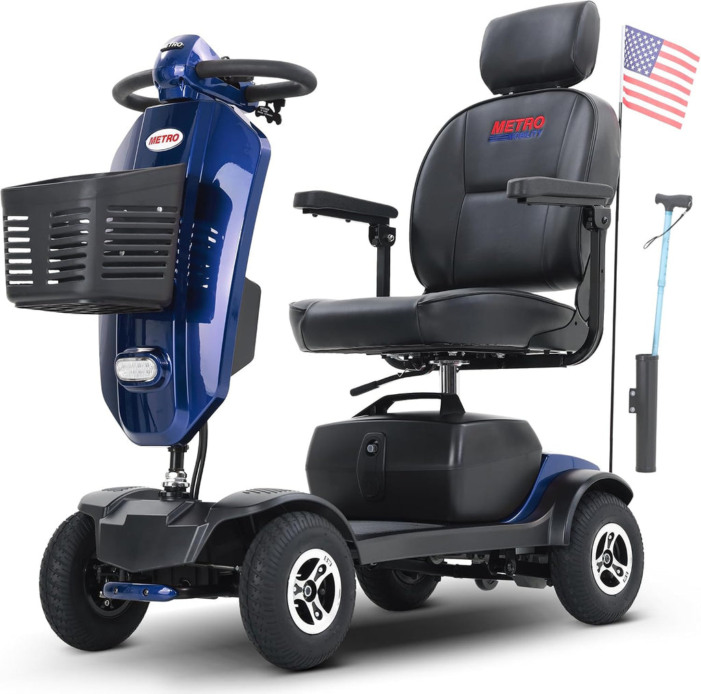 Metro Mobility 4 Wheel Powered Mobility Scooters for Seniors - 300 lbs Capacity Electric Scooter with Seat for Adults, Travel - Long Range Power Extended Battery & Crutch Box - Blue