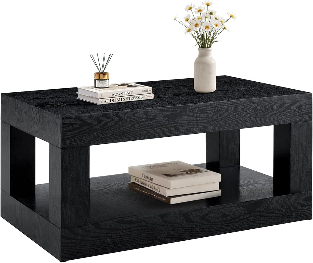 LKTART 39.37' Coffee Table with Storage, 2-Tier Mid Century Rectangular Accent Table with Thick Tabletop, Rustic Style Cocktail, Center Table for Living Room, Office, Apartment (Black)