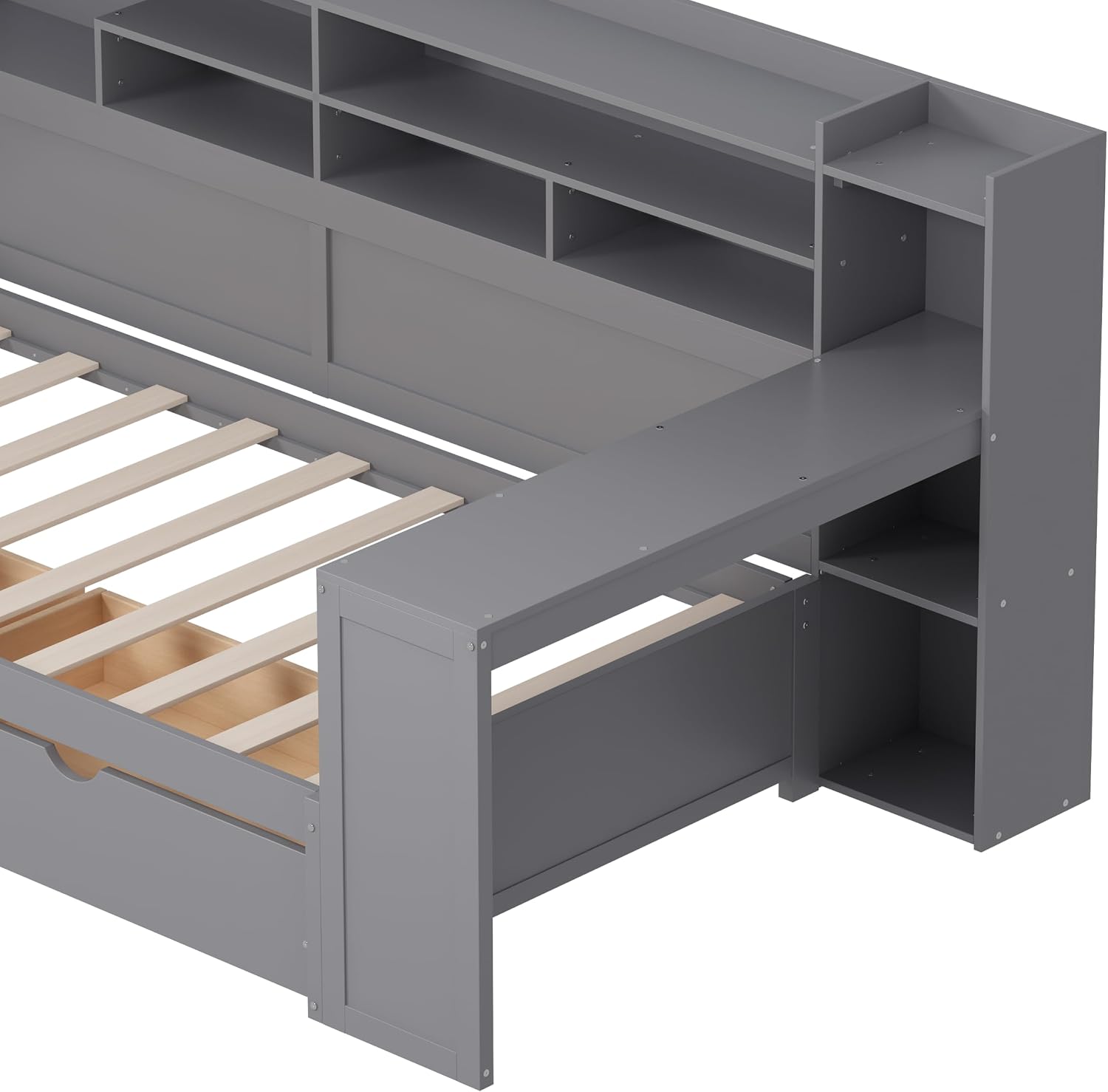 Wooden Twin Size Daybed with Storage Drawers and Shelves Corner Bed Frame with Desk - Grey