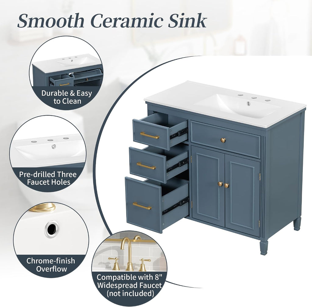 36' Bathroom Vanity with Ceramic Sink Set Combo, Tip-Out Drawer, Storage Cabinet Organizer with 2 Doors and Adjustable Shelf, Gray Blue