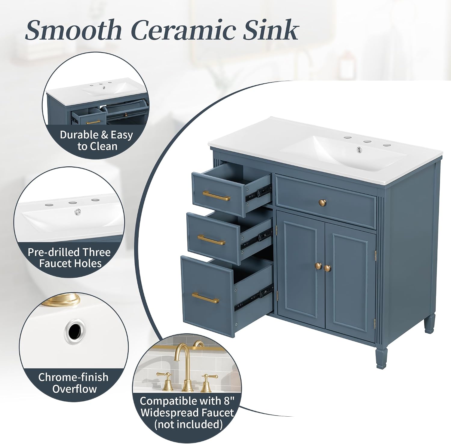 36' Bathroom Vanity with Ceramic Sink Set Combo, Tip-Out Drawer, Storage Cabinet Organizer with 2 Doors and Adjustable Shelf, Gray Blue