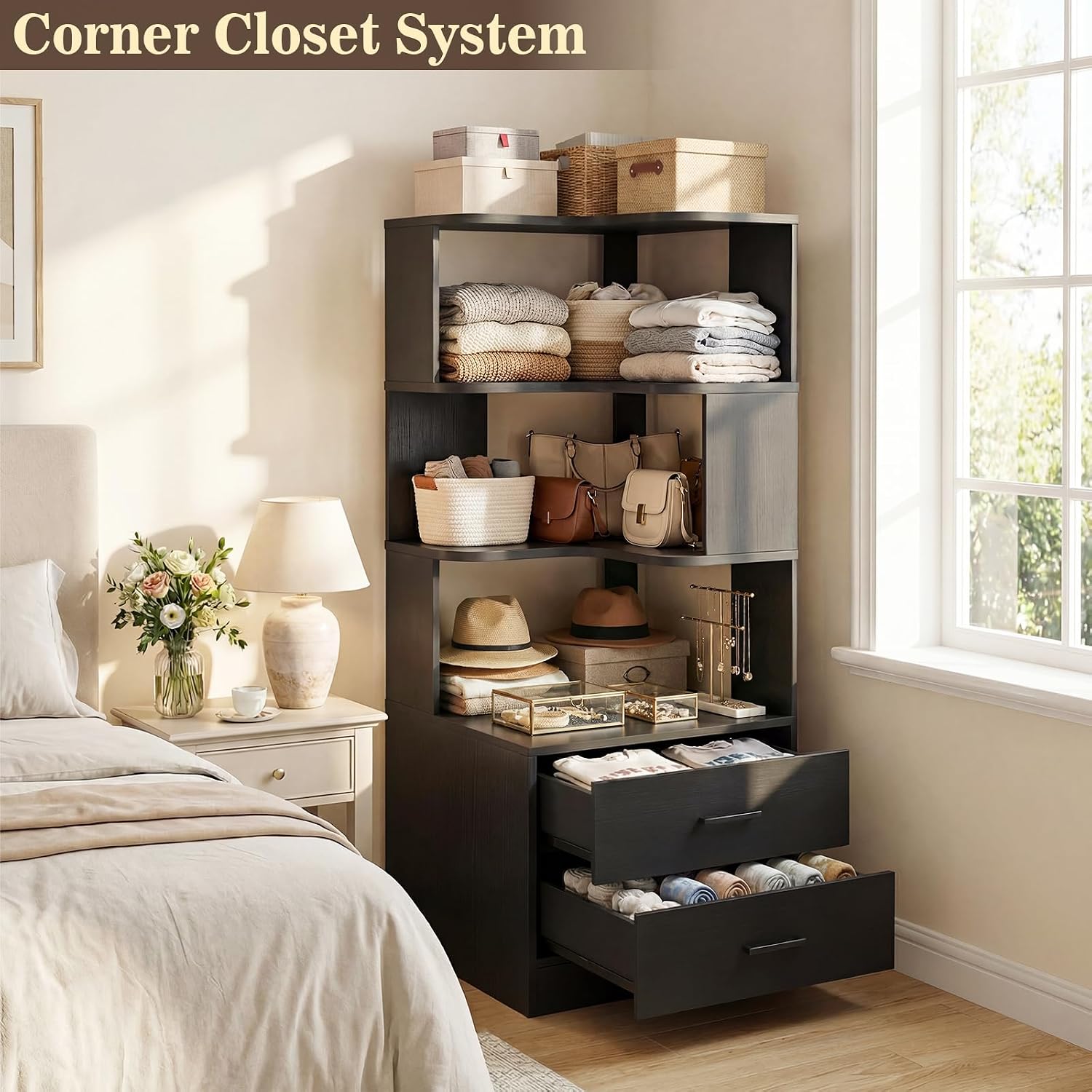 Armocity Corner Bookshelf with Drawers, 6 Tier Corner Book Shelf Display Bookcase, Freestanding L Shaped Bookshelf for Bedroom, Living Room, Home Office, Black