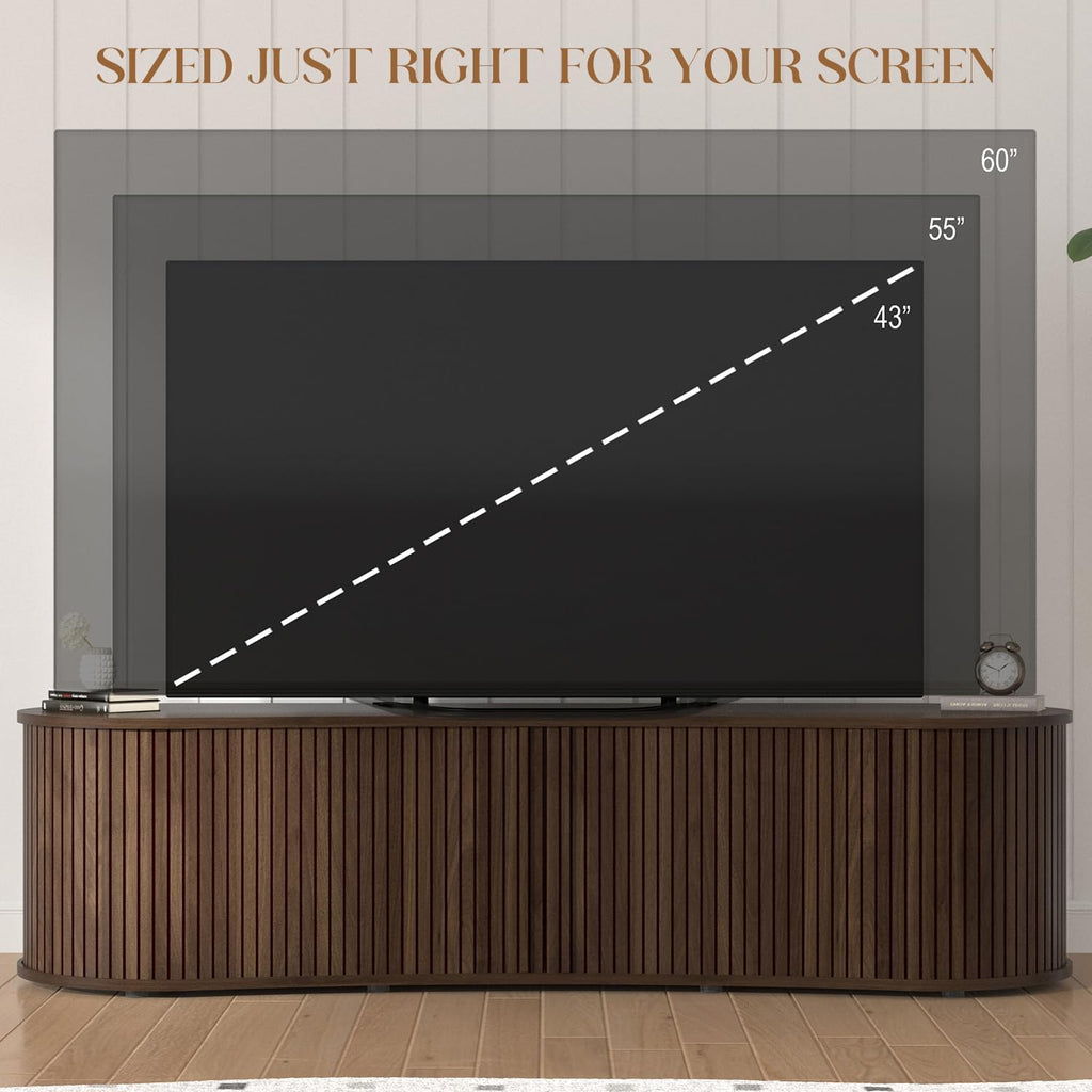 TV Stand and Coffee Table Set of 3, Living Room Table Set Fluted End Table & Coffee Table & 59' Low TV Stand with Sliding Doors, No Screws Ultra Fast Assembly, Walnut