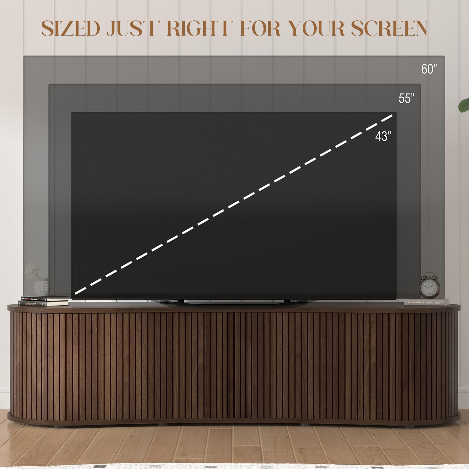 TV Stand and Coffee Table Set of 3, Living Room Table Set Fluted End Table & Coffee Table & 59' Low TV Stand with Sliding Doors, No Screws Ultra Fast Assembly, Walnut