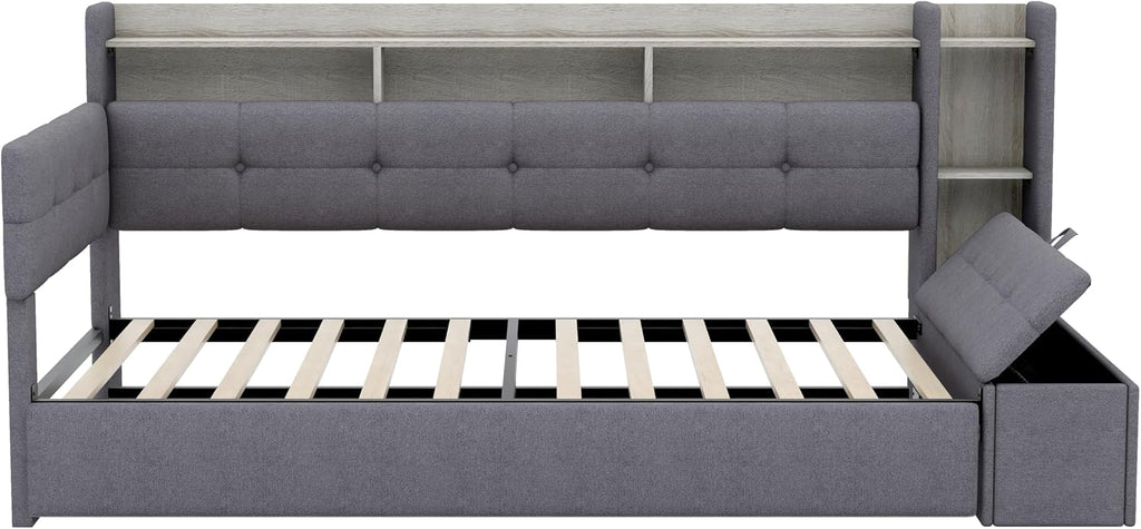 Twin Size Upholstery Daybed with Storage Footstool and Shelves, Solid Wood Platform Corner Bed with Trundle, USB Charging and LED Light for Bedroom Apartment (Grey-993)