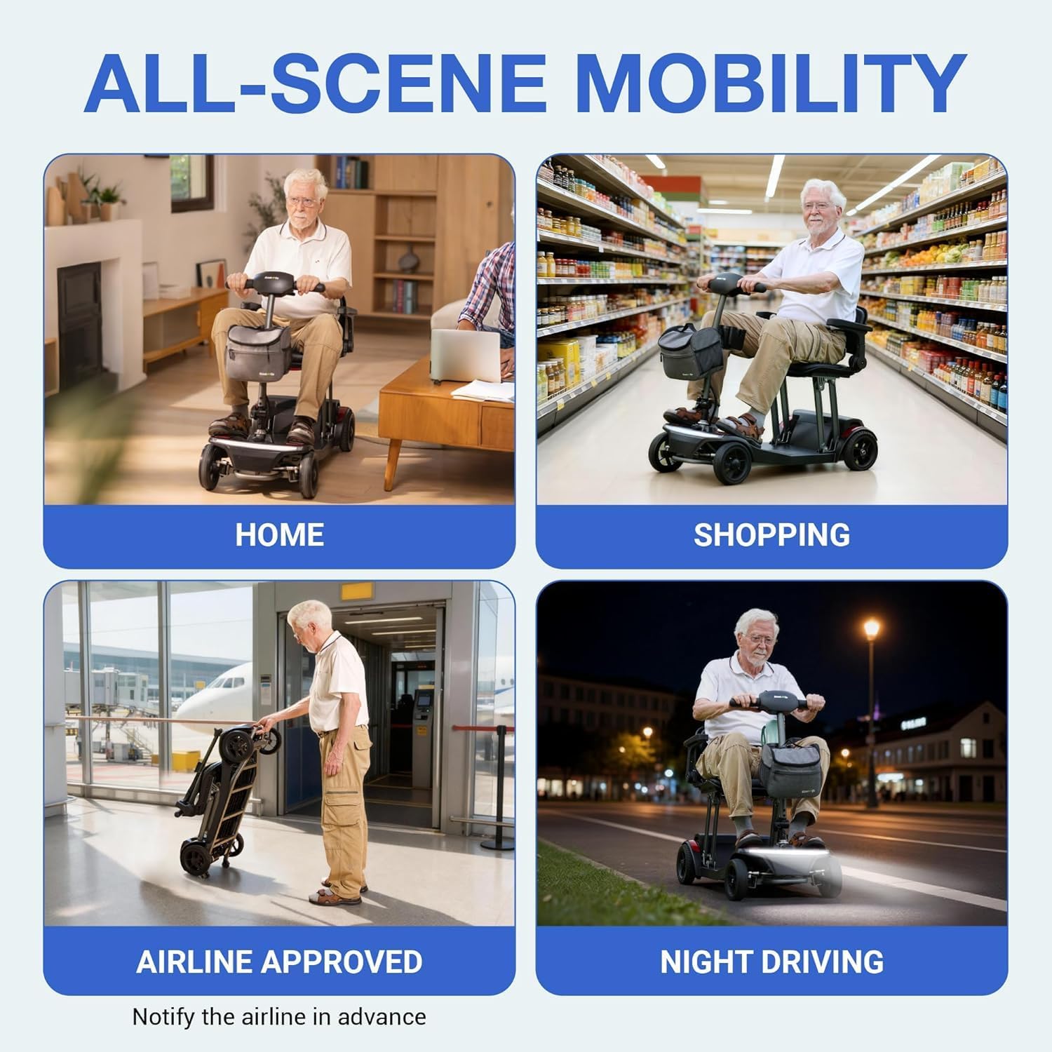 Mobility Scooter for Senior & Adults, Cruise & Airport Approved-44lb Foldable Portable Motorized Scooters with Removable Lithium Battery for 15.53 Miles Travel, 298lb Capacity (with 2-in-1 Holder)