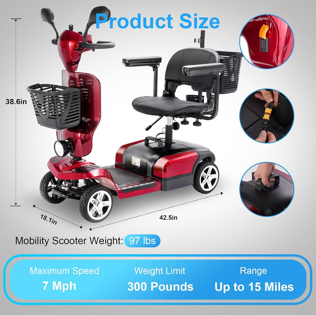 4 Wheels Eldryvon EV03 Electric Mobility Scooter for Seniors, Dual Baskets, 350W Powered Wheelchair with Rotating Seat, Foldable Motorized Scooter for Adult with USB Port, 300Lbs Capacity All Terrain