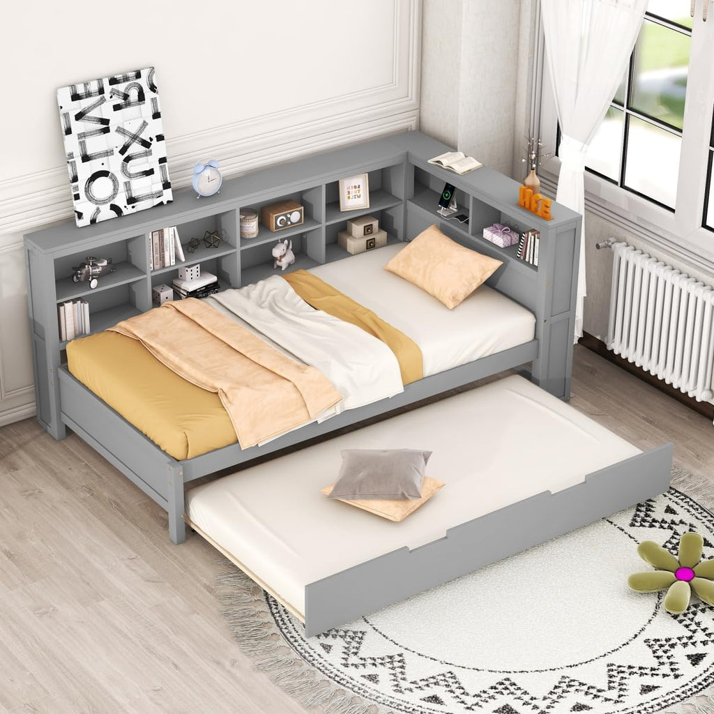 Twin Size Daybed with Storage Bookcase, Twin Trundle and Charging Station, Wooden Platform Bed with Bookshelf for Kids Boys Girls, Grey