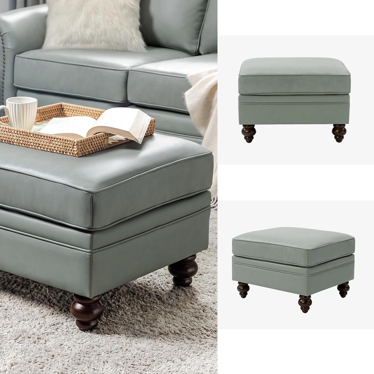 HULALA HOME Genuine Leather Ottoman Coffee Table, Ottoman Foot Rest for Living Room & Lounge, Sage