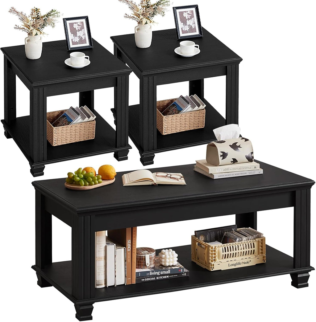 SAVOR LIFE Farmhouse Coffee Table Set of 3,Rustic Wooden Living Room Table Set,Large Coffee/End Side Tables with Open Shelf for Living Room,Black
