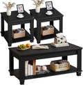 SAVOR LIFE Farmhouse Coffee Table Set of 3,Rustic Wooden Living Room Table Set,Large Coffee/End Side Tables with Open Shelf for Living Room,Black