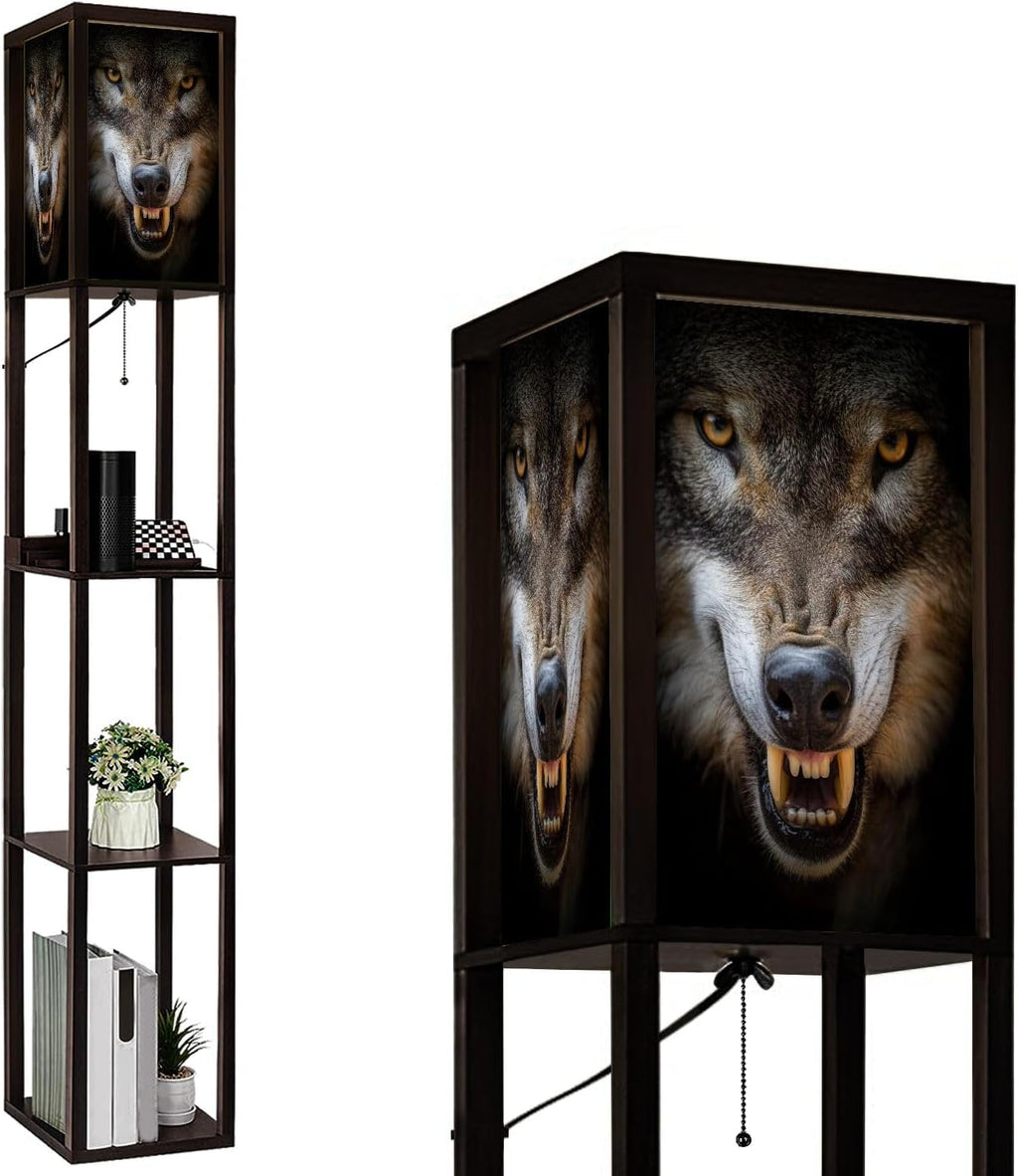 Floor Lamp with Shelves Snarling Eurasian Lupus Lupus Standing Tall Lamp USB Ports & Power Outlet Modern Corner Lamp Nightstand Light for Living Room Bedroom