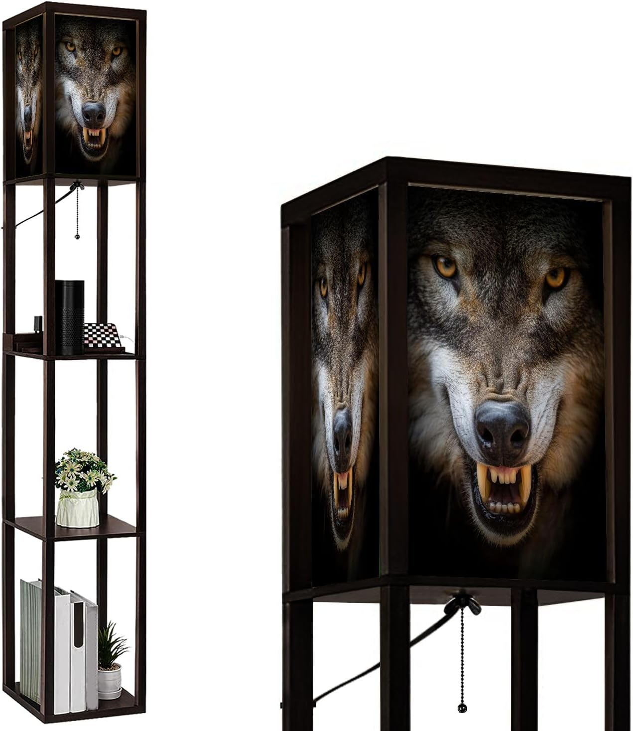 Floor Lamp with Shelves Snarling Eurasian Lupus Lupus Standing Tall Lamp USB Ports & Power Outlet Modern Corner Lamp Nightstand Light for Living Room Bedroom