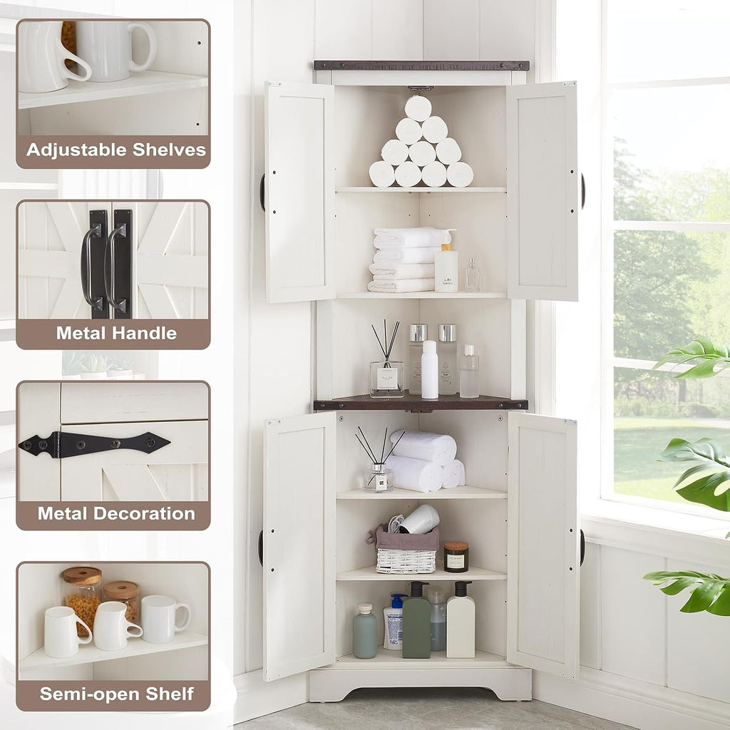Minifeel Tall Farmhouse Corner Cabinet with 4 Doors and Adjustable Shelves, Farmhouse Storage Cabinet with Barn Door Design, Home Space Saver for Living Room, Kitchen, Laundry Room (Antique White)