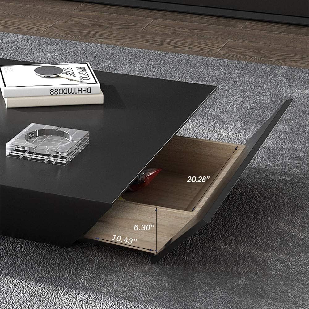 POVISON Modern Coffee Tables for Living Room, Square Coffee Table with Storage, Wood Coffee Table with Drawers, 39.4' Black Trapezoidal Living Room Tables for Home Office, Fully Assembled