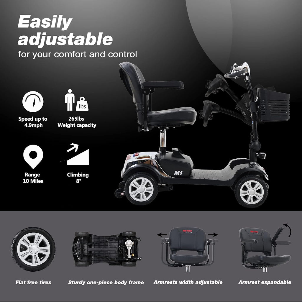Folding Mobility Scooter for Seniors 4 Wheel Scooter for Adults Electric Medical Scooter Compact for Travel - Electric Powered Wheelchair Device - Compact Heavy Duty Mobile(M1 Chrome)