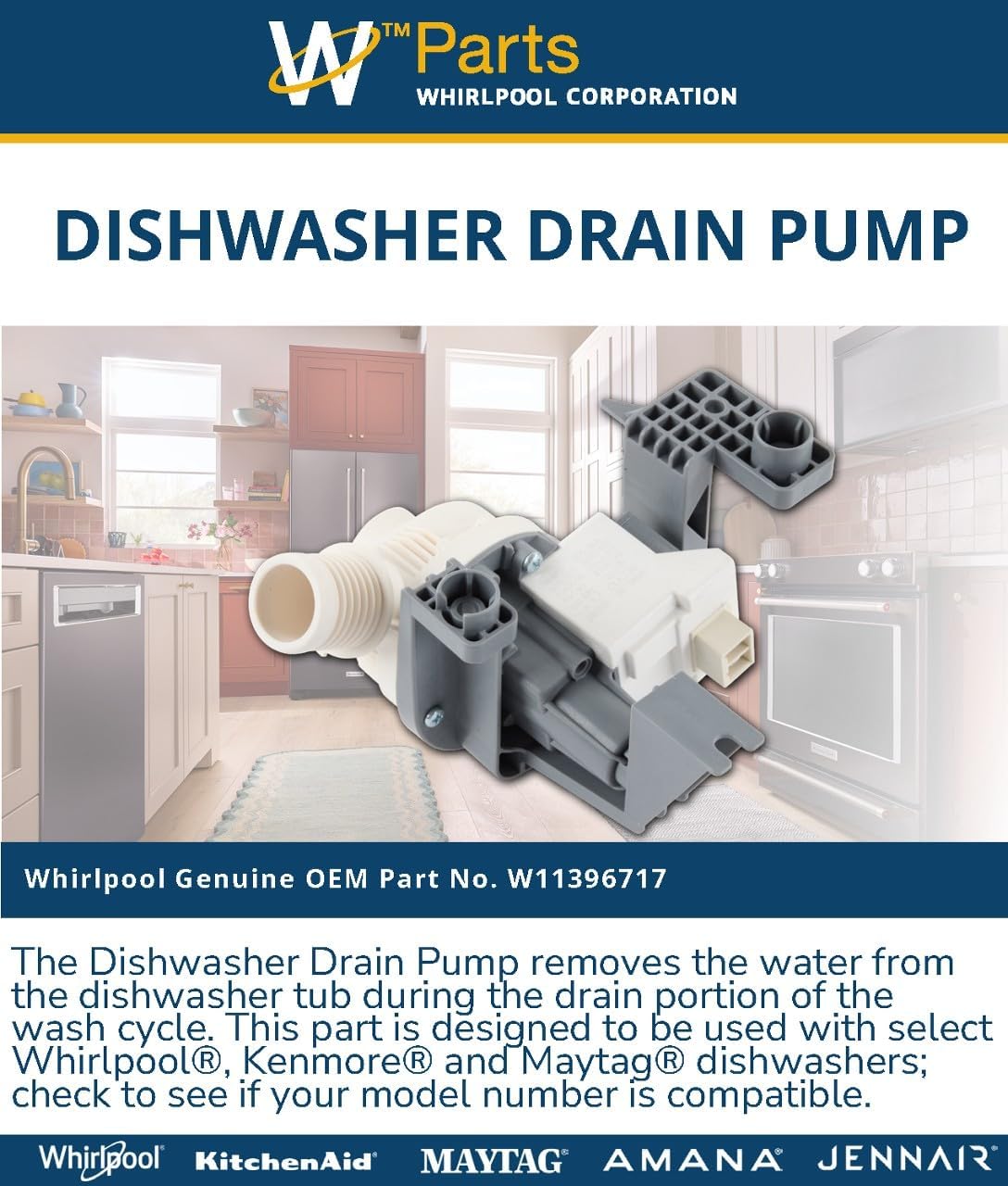 Whirlpool W11396717 Genuine OEM Dishwasher Drain Pump Replacement Part - Replaces W11263349
