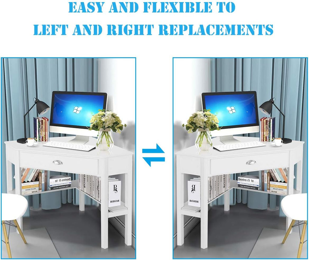 Corner Computer Desk, Space-Saving Table With Drawer & Shelves, Home Office 90 Triangle Workstation, Modern Makeup Vanity, Small Desk for Small Spaces (White)