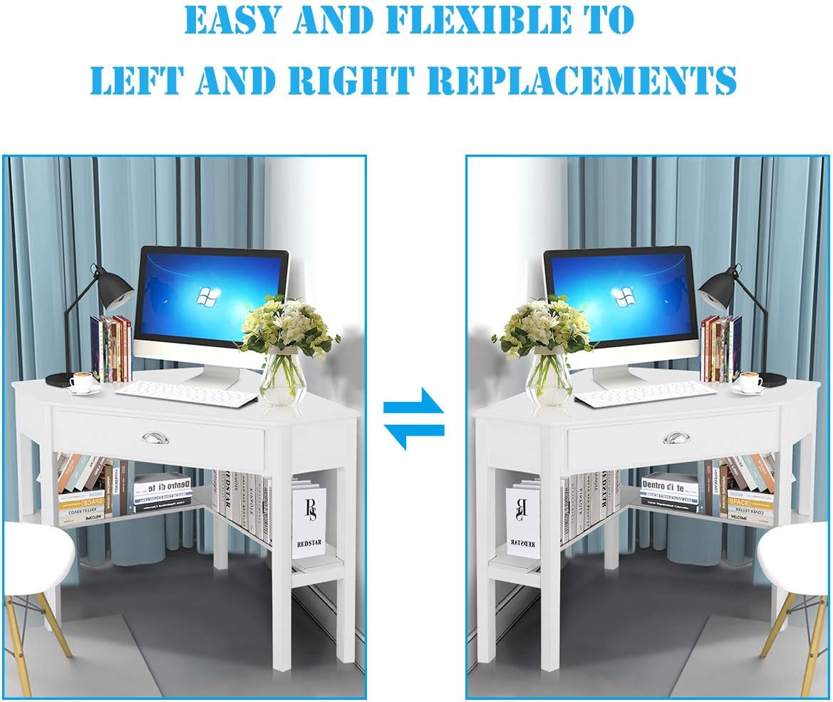 Corner Computer Desk, Space-Saving Table With Drawer & Shelves, Home Office 90 Triangle Workstation, Modern Makeup Vanity, Small Desk for Small Spaces (White)