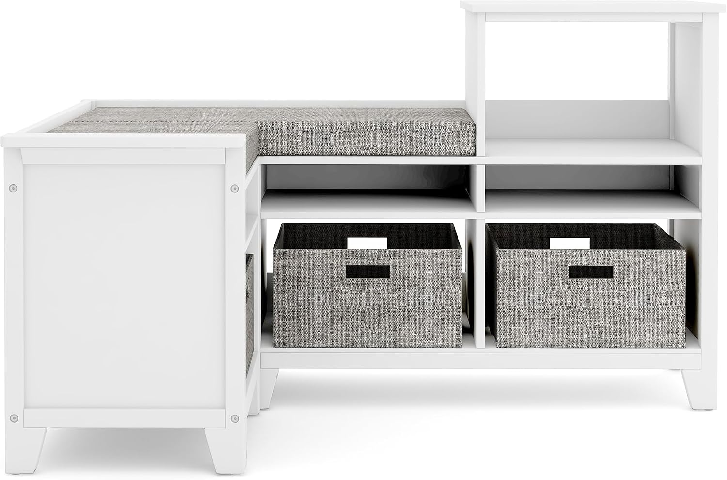 Martha Stewart Kids' Corner Nook - Linen White: Wooden Storage Bench Bookcase Organizer with Seat Cushion and Fabric Bins for Reading in Bedroom or Playroom