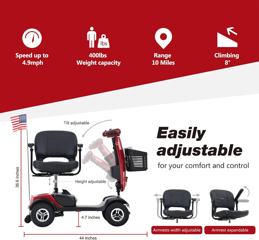 Mobility Scooters for Seniors & Adults 400 Lb Weight All Terrain,Heavy Duty 4-Wheel Powered Scooter,Foldable Mobile Disability Electric Wheelchair,Luxury Seat and Front Rear Led Lights,red