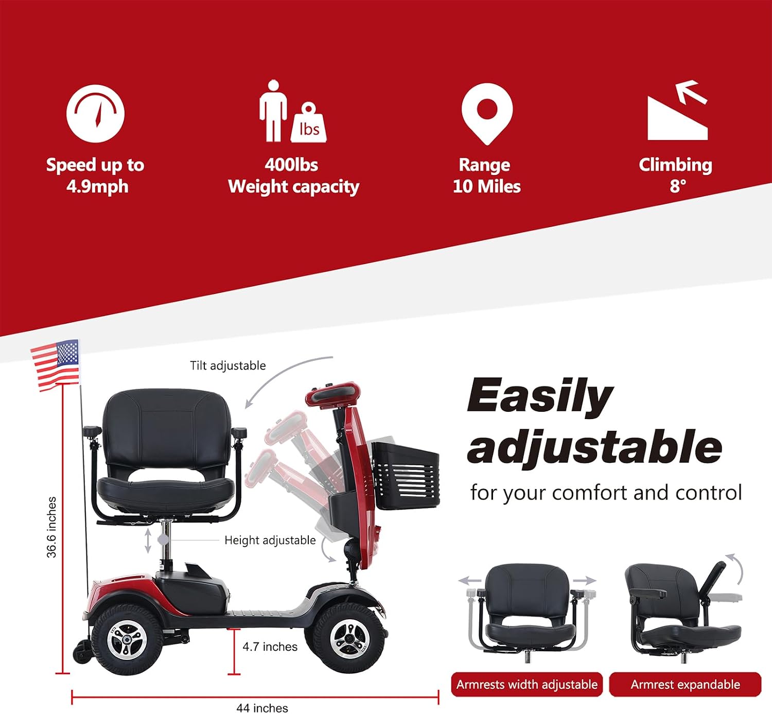 Mobility Scooters for Seniors & Adults 400 Lb Weight All Terrain,Heavy Duty 4-Wheel Powered Scooter,Foldable Mobile Disability Electric Wheelchair,Luxury Seat and Front Rear Led Lights,red