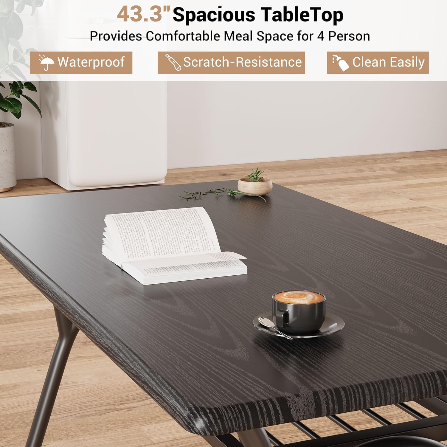 5-Piece Dining Table Set for 4, Modern Kitchen Table with 4 Boucle Chairs, Rectangular Dining Table with Storage Shelf & Marble Tabletop, Beige Home Dining Furniture for Small Space, Black+Black