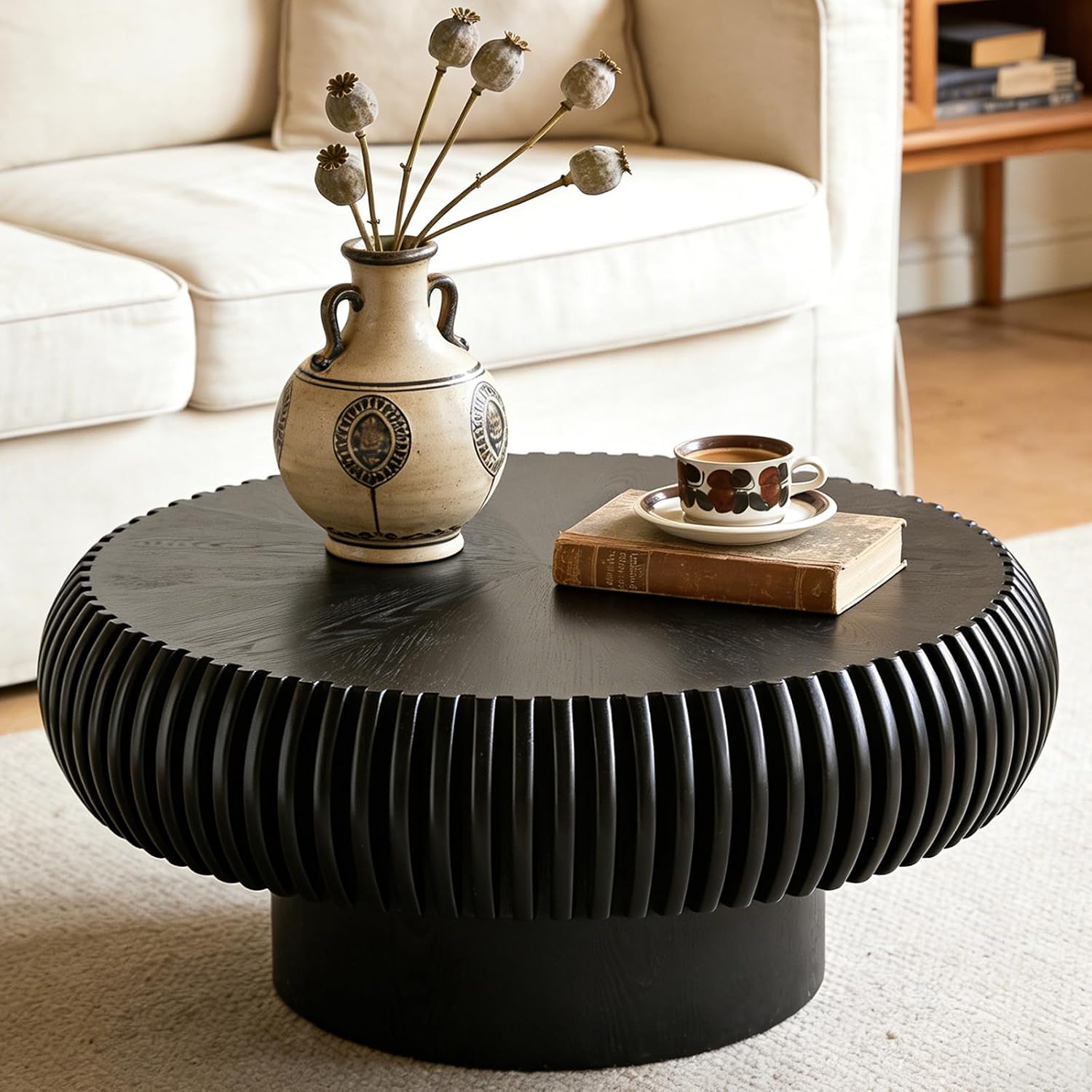 Round Coffee Table for Living Room Modern Black Fluted Coffee Table 31.4 inch Low Round Drum Coffee Tables for Living Room (Black, 31.4')