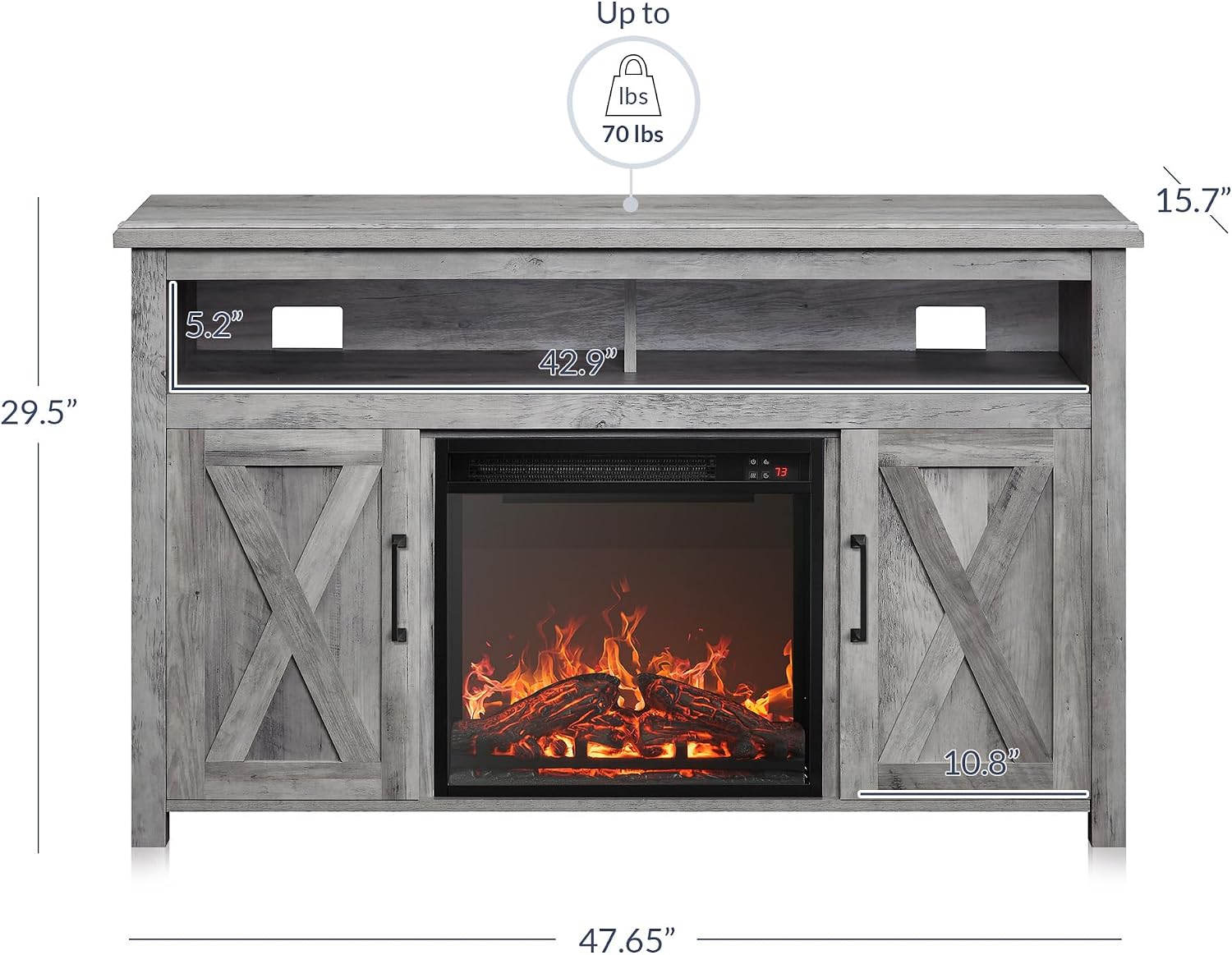 BELLEZE Modern 48' Barn Door Wood TV Stand with 18' Electric Fireplace Heater & Media Entertainment Center Console Table for TV up to 50' with Two Open Shelves and Cabinets - Corin (Grey Wash)