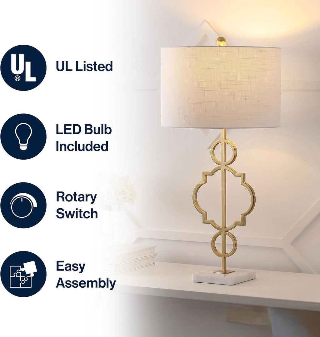 JONATHAN Y 31' Gold Modern Quatrefoil LED Table Lamp, Contemporary Metal Iron Lamp with White Marble Base and Linen Drum Shade for Living Room Bedroom, LED Bulb Included JYL3026A