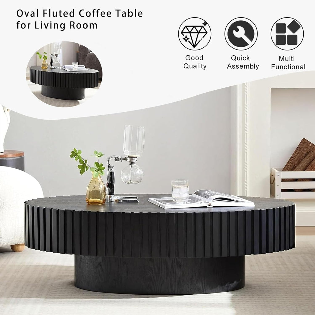 43.3' Oval Coffee Table for Living Room Oval Drum Fluted Coffee Table Modern Handcrafted Fluted Drum Coffee Tables for Living Room (Black)