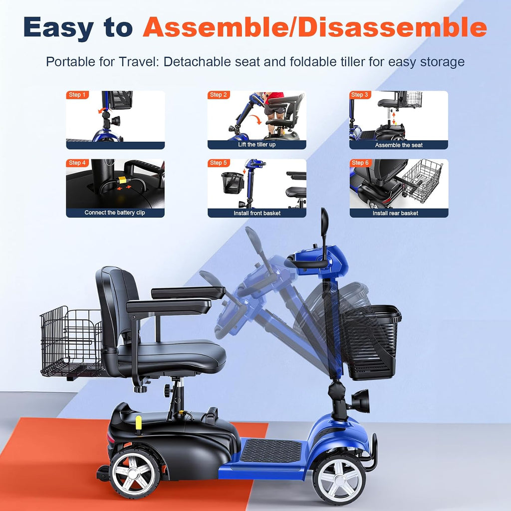 15/25/30/50Miles Eldryvon 4 Wheels Electric Mobility Scooter for Seniors, Dual Basket, 350W Powered Wheelchair with Rotating Seat, Mirrors, Foldable Motorized Scooter for Adults (Blue, 25Miles)