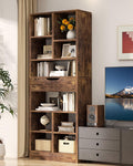 Armocity 8-Tier Tall Bookshelf with Drawer, 73.6' Narrow Freestanding Bookcase, Space-Saving Wood Display Shelves Storage for Living Room, Home Office Bedroom, Rustic Brown