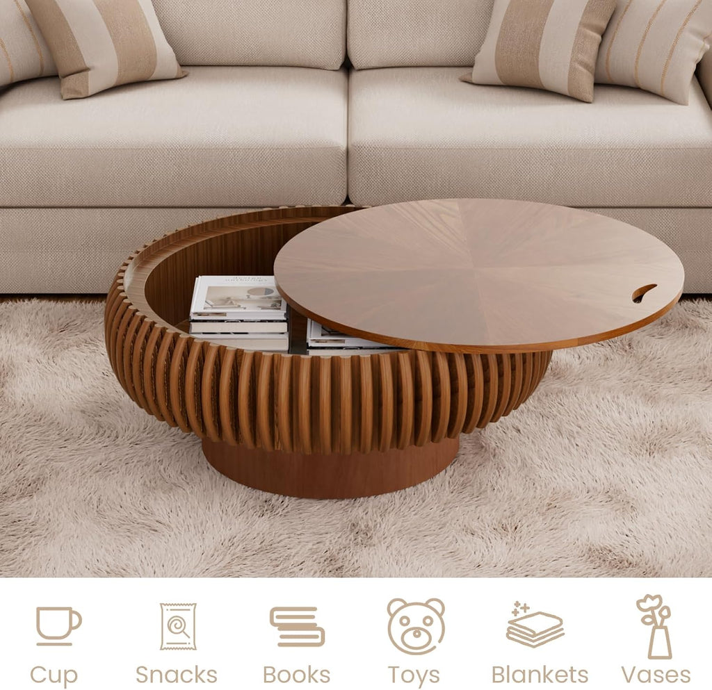 31.49'' Round Fluted Coffee Table with Storage, Modern Wooden Drum Coffee Table, Circle Center Table Accent Tea Table with Sturdy Pedestal for Living Room Apartment Small Space (31.49' Storage Brown)