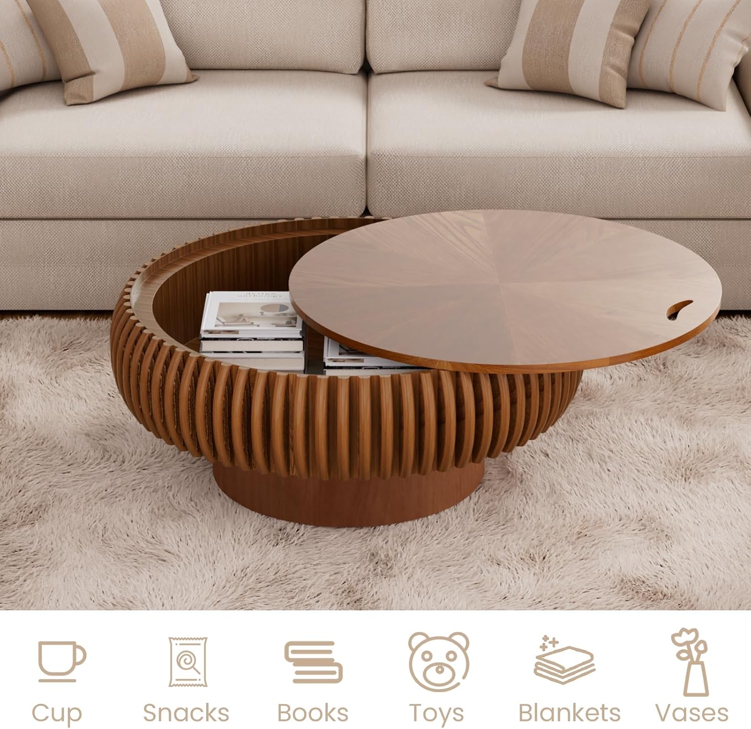 31.49'' Round Fluted Coffee Table with Storage, Modern Wooden Drum Coffee Table, Circle Center Table Accent Tea Table with Sturdy Pedestal for Living Room Apartment Small Space (31.49' Storage Brown)