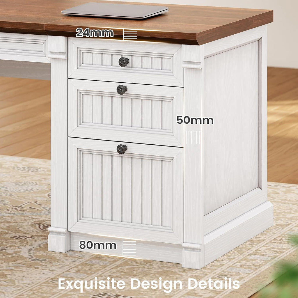 SEDETA L Shaped Desk with 4 Drawers, 67'x 67' Executive Home Office Desk with File Drawers & Storage Cabinet, Corner Computer Desk with Power Strip for Bedroom, Brown+White