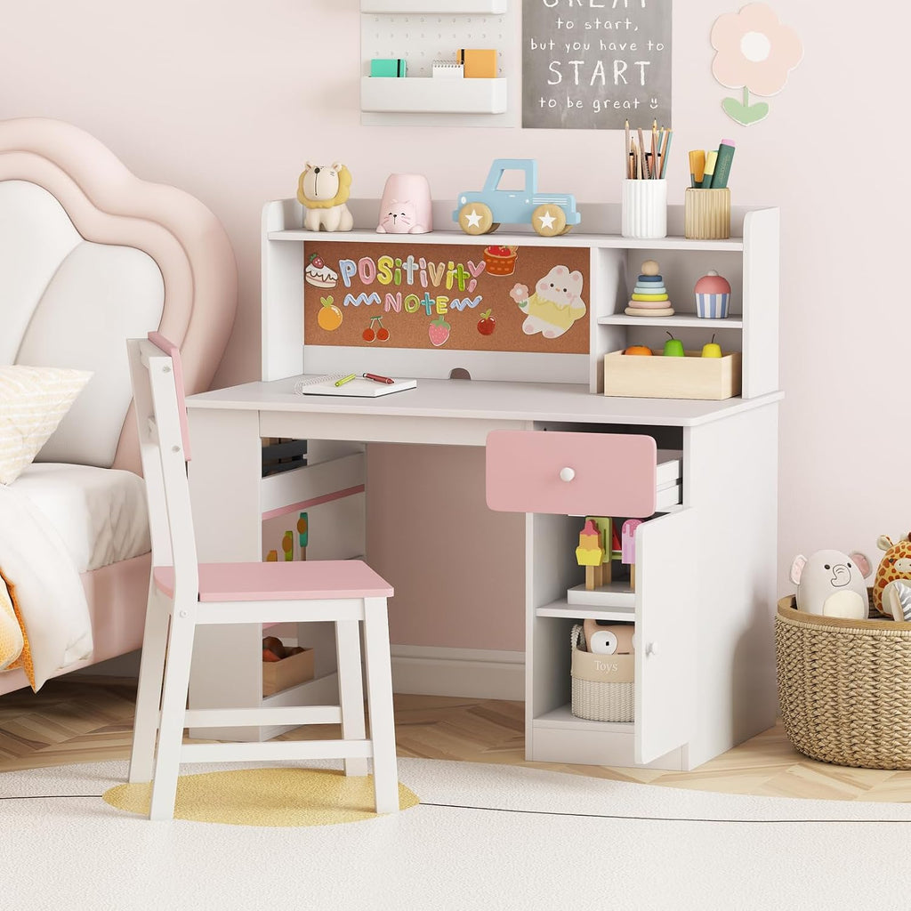 HONEY JOY Kids Desk and Chair Set, Large Wooden Children School Study Table and Chair w/Drawer, Hutch, Storage Shelves, Student Writing Desk Computer Workstation for Bedroom, 7+ Years Old (Pink)