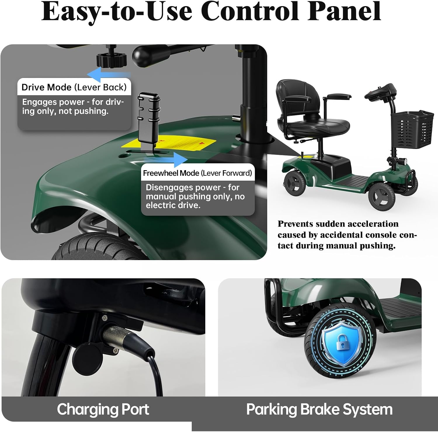 Mobility Scooter,4 Wheel Mobility Scooter,300LBS Capacity,Lightweight and Portable,with LED Headlights and Basket,Charger Included,Gifts Suitable for Elders,Green