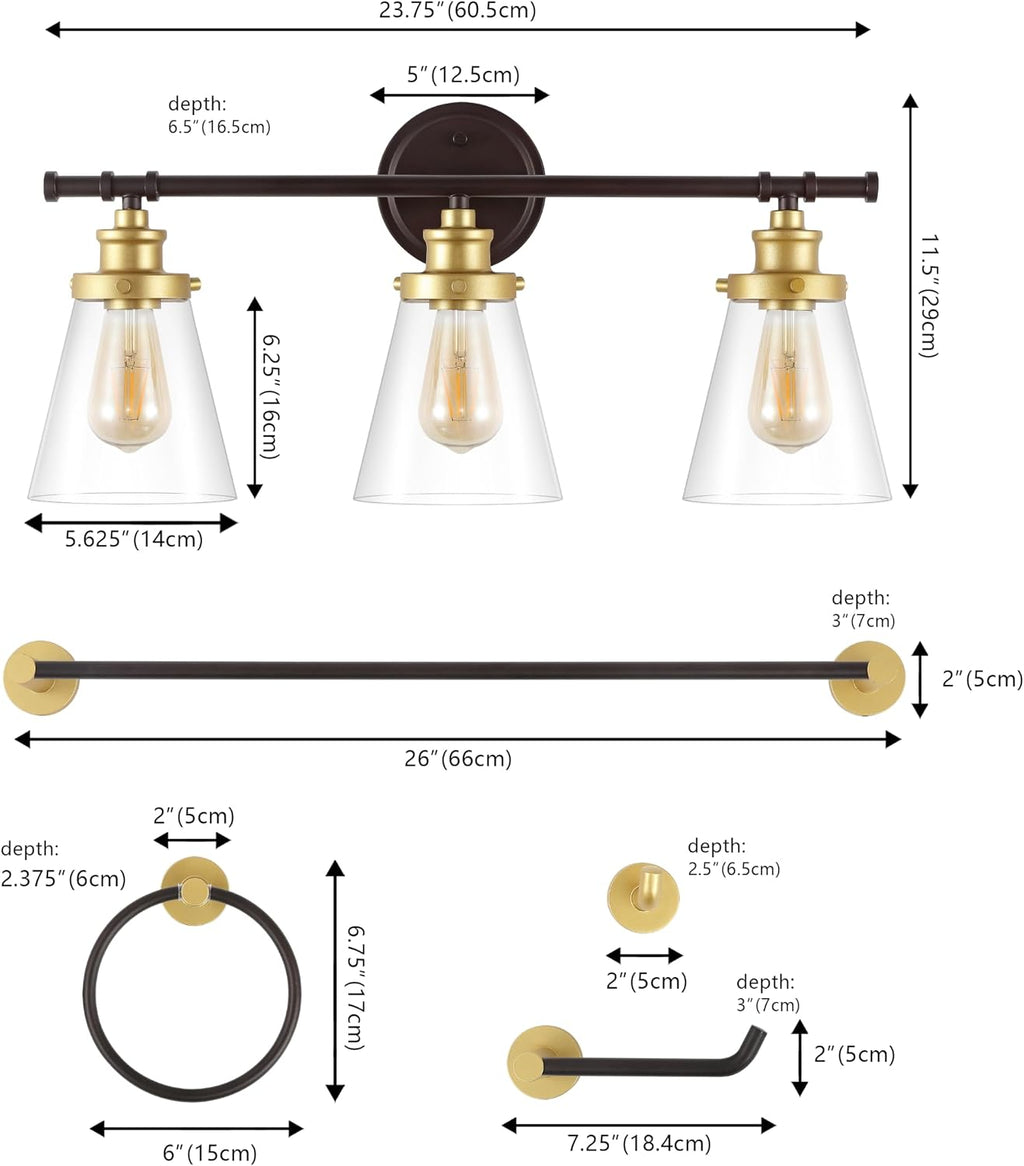 JONATHAN Y JYL1507B Hollis 23.75' 3-Light Traditional Farmhouse Vanity Light with Bathroom Accessory Set, Oil Rubbed Bronze/Gold Painting (5-Piece) - Towel Bar & Ring, Toilet Paper Holder, Robe Hook